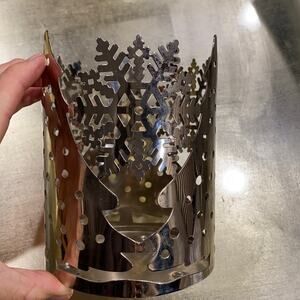 Slatkin Silver Metal Christmas Tree/Snowflake Pillar Candle Holder 5-1/2”x4-1/4”